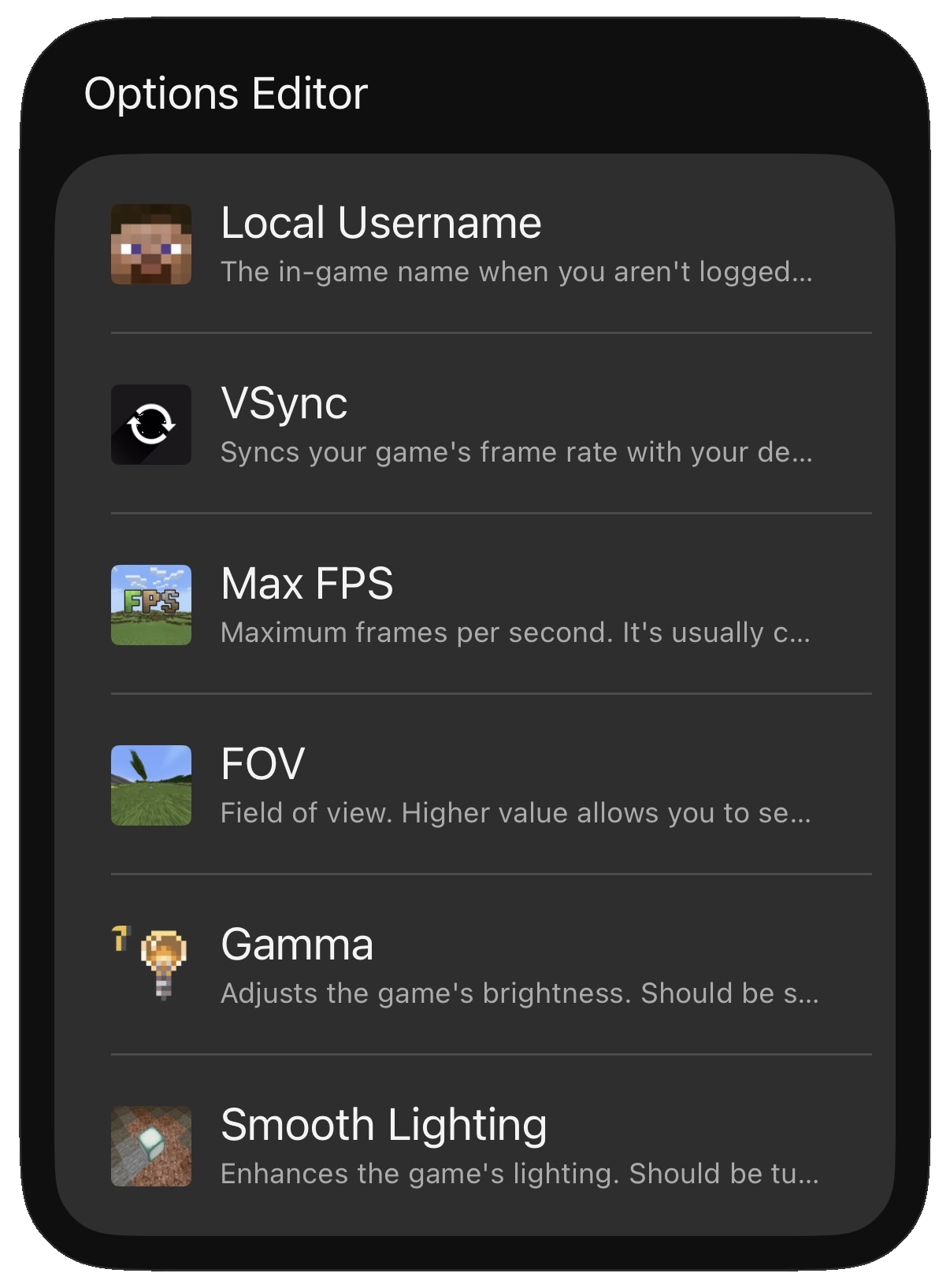 Project Lumina options editor screenshot