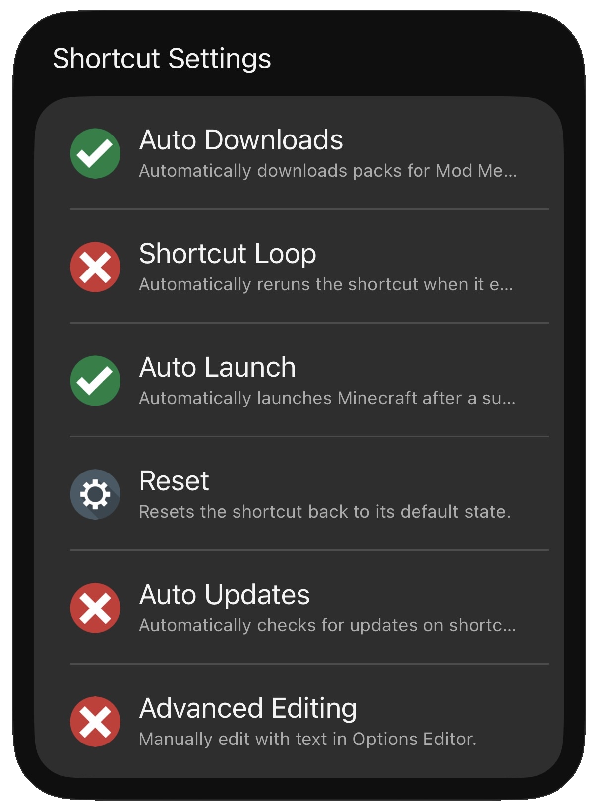 Project Lumina shortcut settings screenshot